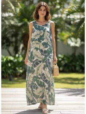 Sleeveless Maxi Dress with Green and Beige Leaf Print xl
